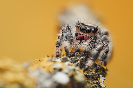 A detailed macro shot of a jumping spider (Salticidae) set against a yellow blurred background. The spider's features are clearly visible in this close-up view.の写真素材