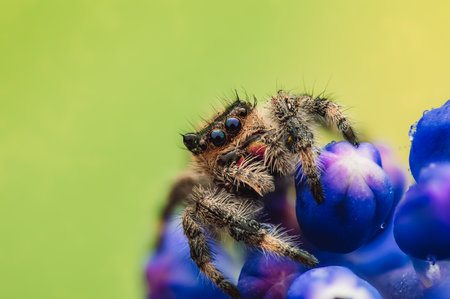 A jumping spider (Salticidae) is seen in a detailed macro shot, covered in water droplets and sitting on a blue flower. The close-up view highlights the spider's intricate features and the sparkling water droplets.の写真素材