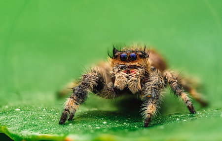 A jumping spider (Salticidae) is seen in a detailed macro shot, covered in water droplets and...