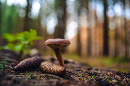 A detailed close-up of a mushroom growing in a lush forest. The background features a bokeh effect from the lights, enhancing the natural beauty of the scene.の写真素材