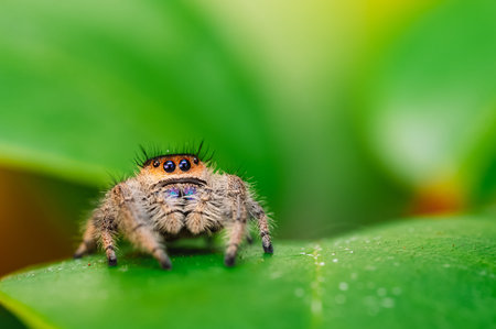 Jumping spider (Salticidae) stands on a green leaf in natural outdoor setting. Large eyes and hairy...