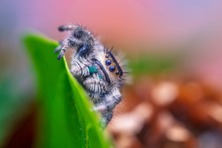 Jumping Spider (Phidippus regius) climbs up green leaf in outdoor environment. Multiple eyes and...
