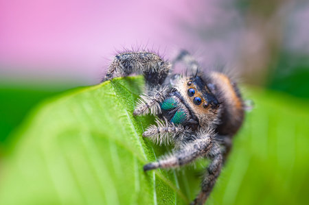 Jumping Spider (Phidippus regius) climbs on green leaf. Iridescent chelicerae and fine hairs are visible.の写真素材
