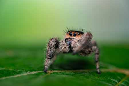 Jumping spider (Salticidae) stands on green leaf. Fuzzy legs and large eyes are visible.