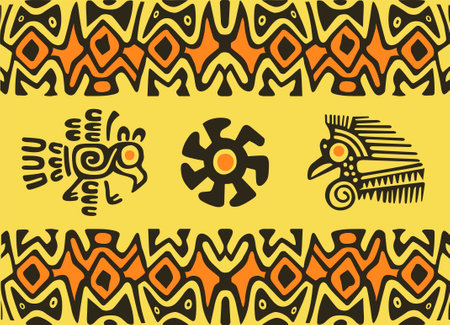 Ornaments of Ancient America in yellow tones depicting ancient birdsのイラスト素材