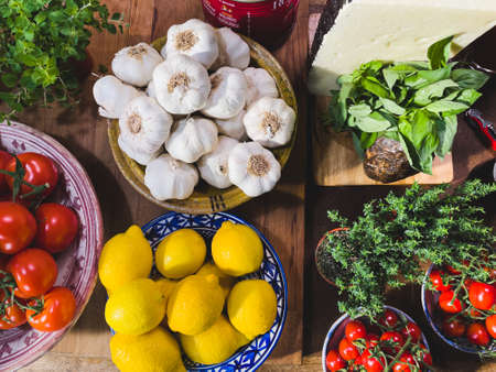 fresh ingredients on a kitchen counterの写真素材