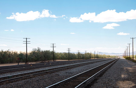 Railways on trainstation leading to the front with pillars wire on sides in desert.