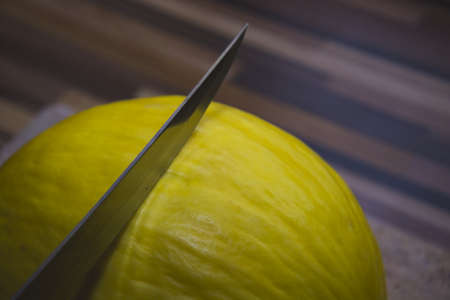 The cantaloupe melon with a knife prepared to cut it. Theme for a vegetarians and vegans.の写真素材