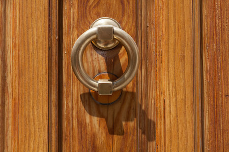Vintage image of ancient door knocker on a wood