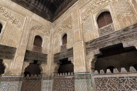 Detail Inside interior of The Madrasa Bou Inania ( Medersa el Bouanania ) is acknowledged as an excellent example of Marinid architecture. Souk Medina of Fez, Moroccoのeditorial素材