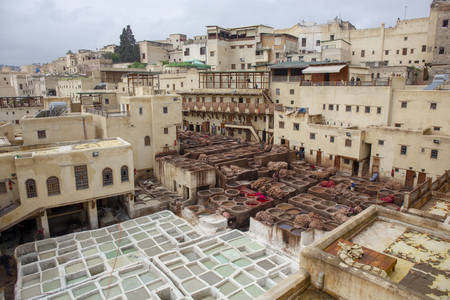 Tanneries of Fes. Old tanks with color paint for leather. Morocco Africaのeditorial素材