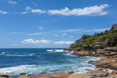 Natural Waves pattern on stone surface with ocean rocky beach view at Bondi bay, Sydney, Australia
