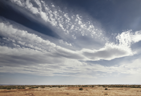 Blue sky filled with white clouds above prarie landscapeの写真素材
