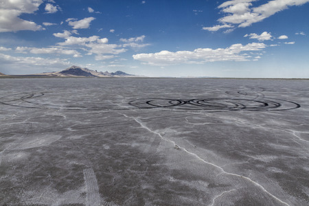 panoramic landscape at the Bonneville Salt Flats, at sunset, Tooele, Utah, USAの写真素材