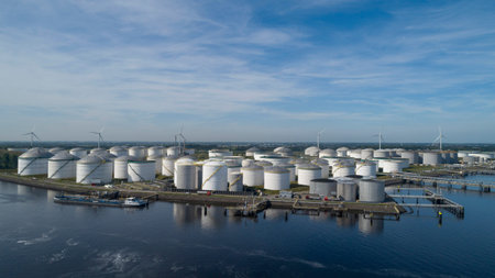 Oil refinery plant from industry zone, Aerial view oil and gas industrial, Refinery factory oil storage tank and pipeline steelの写真素材