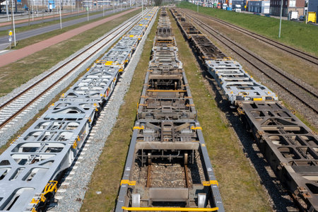 Aerial bird view photo of railroad container terminal with train loaded with containers by overhead...