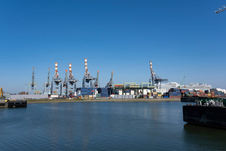 Huge cranes and ships anchored at harbor. International commercial port, city of Rotterdam...