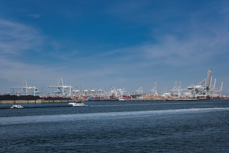 Huge cranes and ships anchored at harbor. International commercial port, city of Rotterdam background. Logistics businessの写真素材