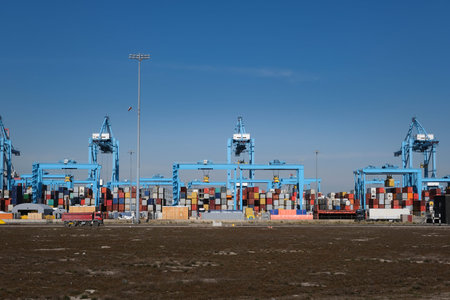 Maasvlakte 2, Rotterdam. Aerial view of container terminal in the harbor MAASVLAKTE, Netherlands. A...