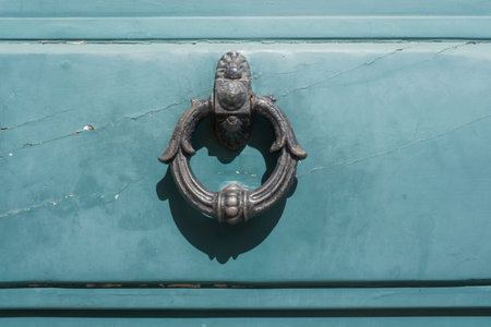 Vintage ornamented image of ancient door knocker on a wooden door.