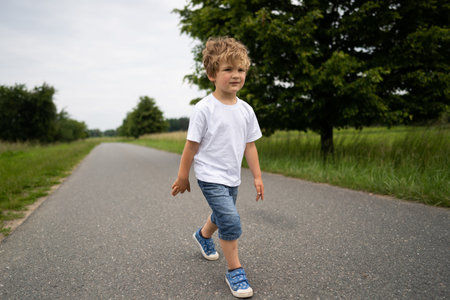 Little boy playing and walking on country roadの写真素材