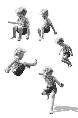Toddler jumping on trampoline. Isolated five posesの写真素材