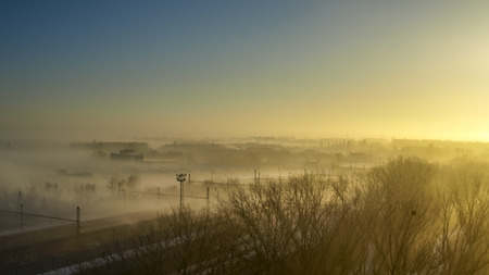 view of fogy city morning during sunrise in Bratislava, the capital of Slovakiaの写真素材