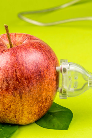 translucent plug is connected to the red apple on green background, concept of green and clean power made of biomassの写真素材