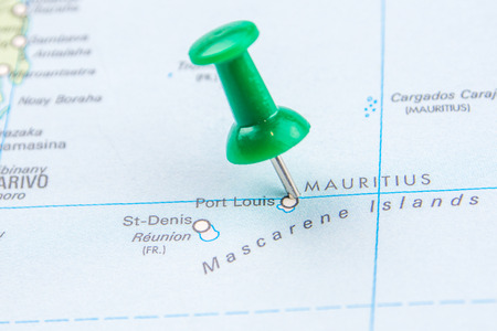 draw-pin stick into real map, identification of final destination, Mauritiusの写真素材