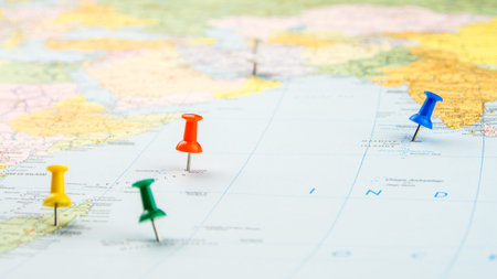 draw-pin stick into real map, identification of final destination, holiday in Indian Oceanの写真素材