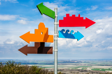many multicolor directions leading to different goalsの写真素材