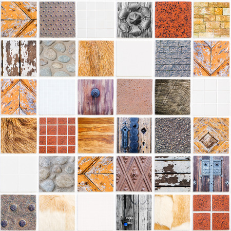 very special white ceramic tile with 36 squares in square form made of different themes, colors and materialsの写真素材