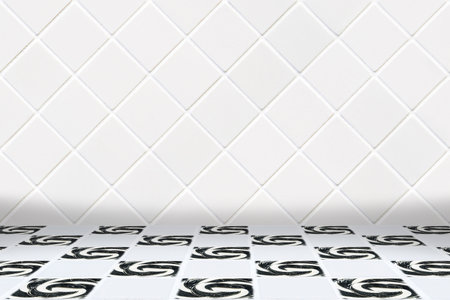 wall made of little modern beige diamond ceramic mosaic and floor made of mosaic with black lollipop...
