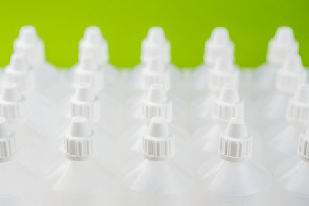 white translucent bottles used in homeopathy on green and blurred bottles background