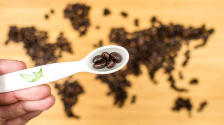 man is holding a white ceramic spoon full of coffee beans with map of the world made of roasted arabica coffee beans as defocused  backgoundの写真素材