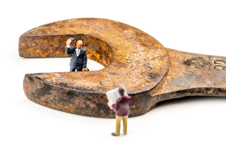 closeup of miniature figurines of businessmen having a meeting with big screwdriver in the center on...