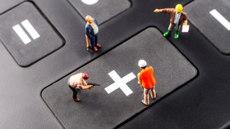 fixing the problem concept, closeup of miniature figurine of workers repairing plus sign on a big...