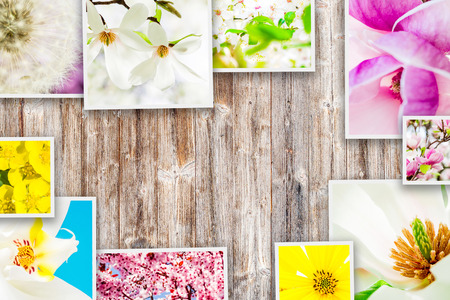 square images of flowers forming collage on wooden backgroundの写真素材