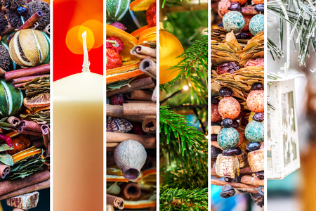 mixture of different Christmas theme vertical shaped pictures with white vertical stripes, multicolor Christmas themeの写真素材
