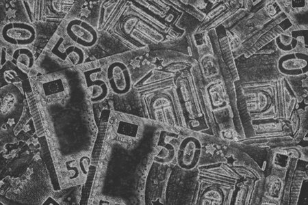 drawing of many fifty euro banknotes drawn on smudged black chalk board