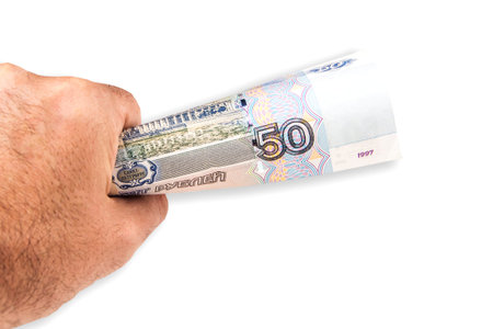 White hairy man is holding fifty Russian rubles banknote in his left hand isolated on white...
