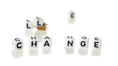 White cubes with word challenge creating new word change, personal development and career growth or challenge yourself concept, white background with miniature figurines watching at itの写真素材