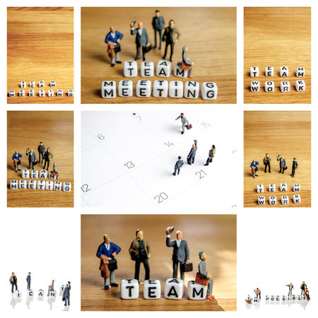 collage of little miniature figurines with little dices forming words related to the team meeting as...