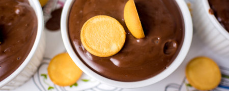closeup of chocolate pudding with biscuit in white ceramic cups laying on multicolored platterの写真素材