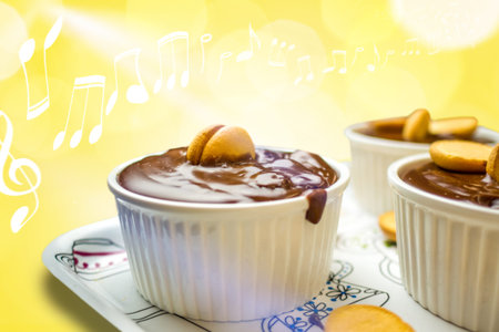 closeup of chocolate pudding with biscuit in white ceramic cups laying on multicolored platter