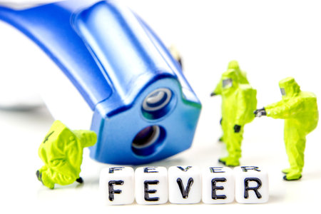 a team of miniature figurines measuring a temperature with a modern thermometer, hugh fever and global pandemic with coronavirus flu disease, white background