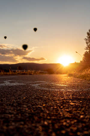 close up of bike traffic sign on concrete sunset cyclo way with warm dusk atmosphereの写真素材