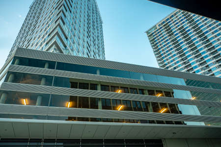 evening view of modern part of Slovakia capital city Bratislava, business district during summer sunset golden hourの写真素材