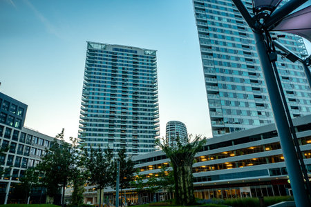 evening view of modern part of Slovakia capital city Bratislava, business district during summer...