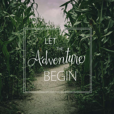 let the adventure begin quote concept, lost in spooky summer corn maze run, chasing and playing in labyrinth with moody atmosphereの写真素材
